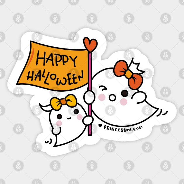 kawaii two ghosts cute spooky ghost illustration, happy halloween Sticker by princessmi-com